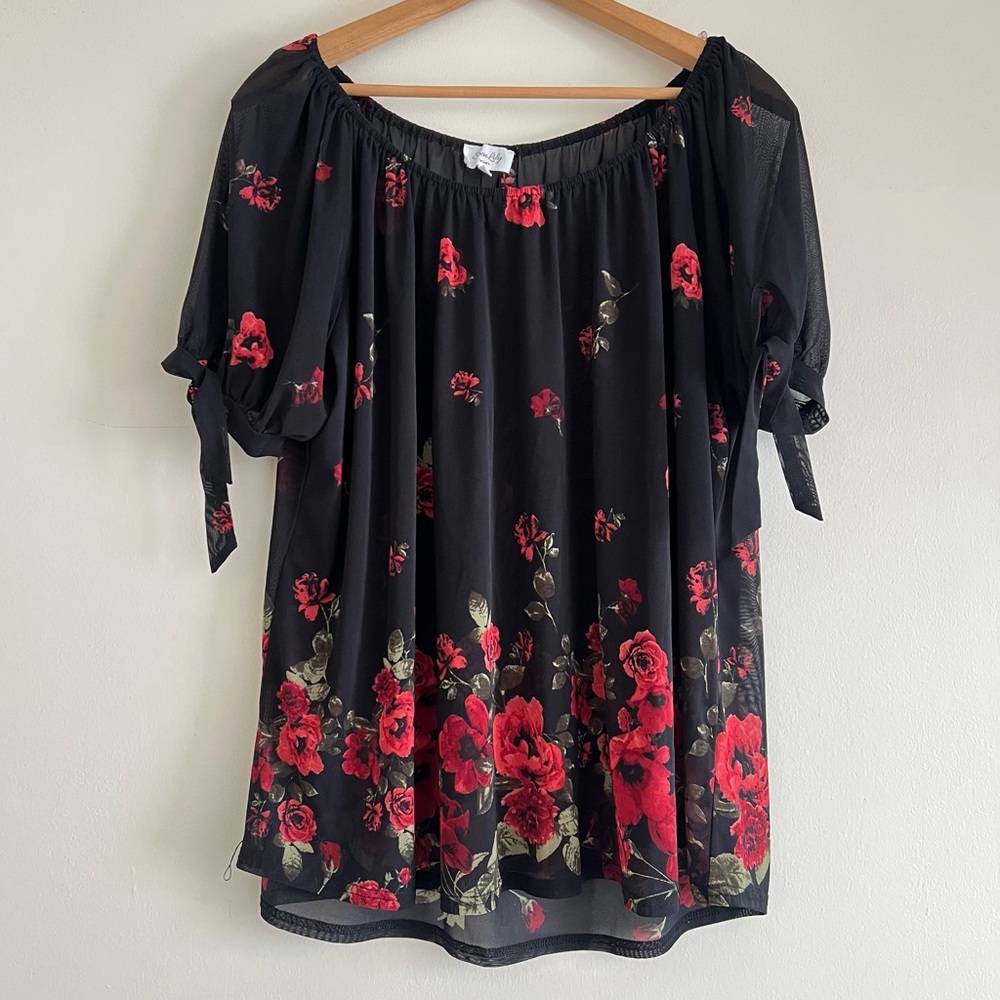 Black floral sheer off the shoulder top, Siren Lily, size 2X